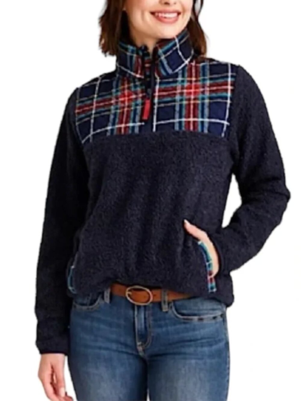 Vera Bradley Women’s 1/4 Zip Sherpa Plaid Fleece Pullover Sweater